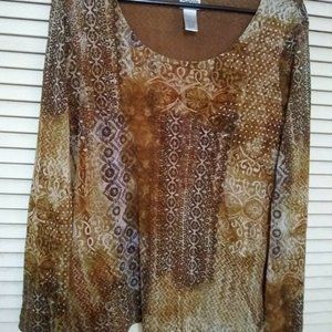 Chico's 3 (XL) Brown Beige Lightweight Long Sleeve Scoop Neck Blouse Top